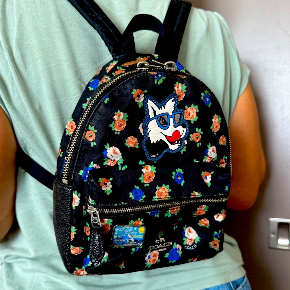 Coach Black Floral Nylon Backpack with Wolf Motif
